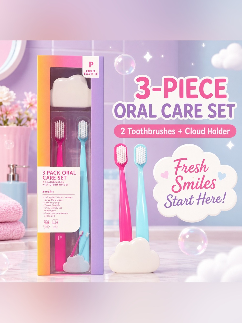 Parker Beauty Co 3-Piece Oral Care Set - Pink & Blue